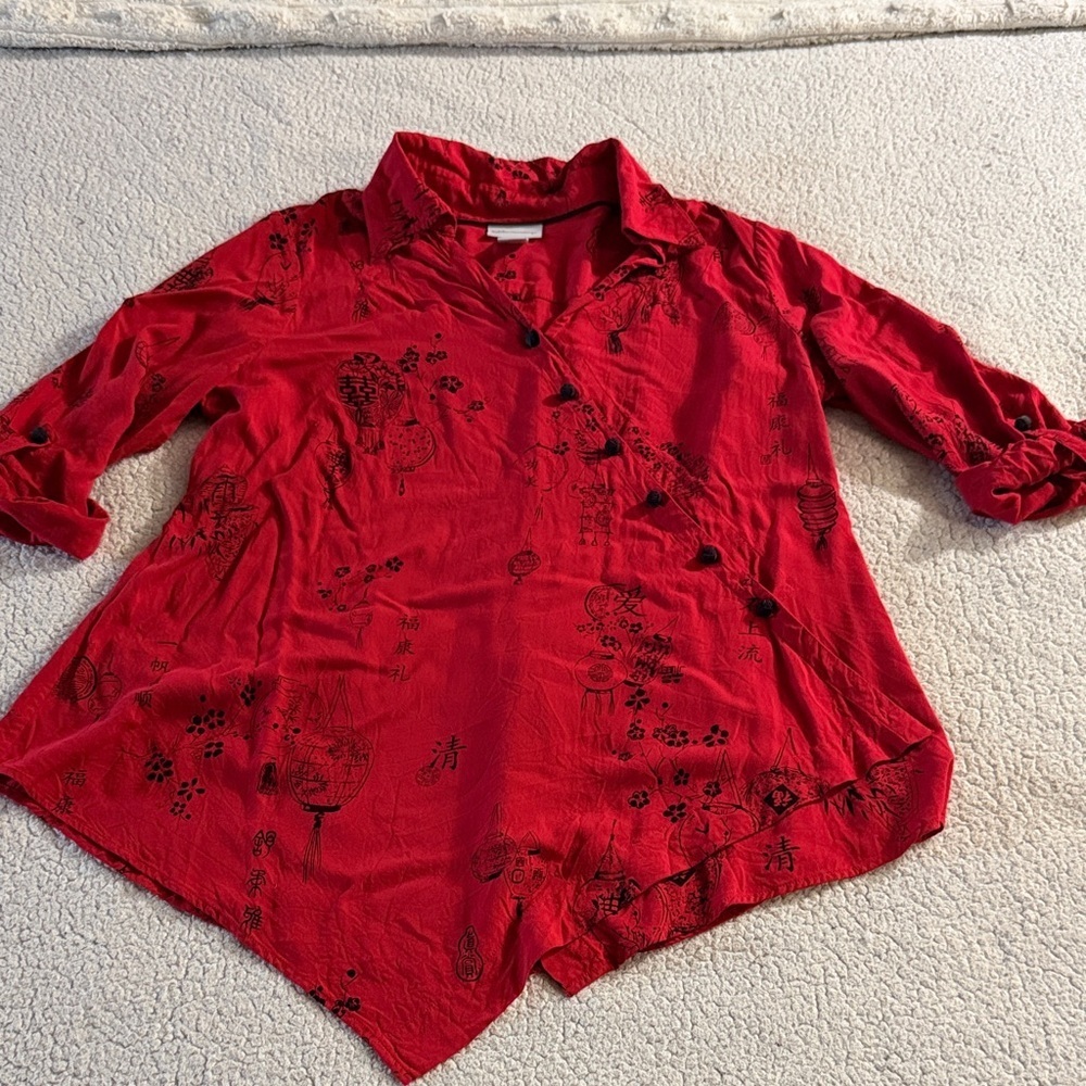Soft Surroundings Red Asymmetric Button-Front Blouse with Black Print 1x